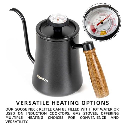 NEOUZA 500ml Gooseneck Kettle with Mechanical Dial Thermometer, 304 Stainless Steel Stovetop Safe Kettle for Pour Over Coffee and Tea, Precision Spout & Wooden Handle - color: Mechanical Thermometer