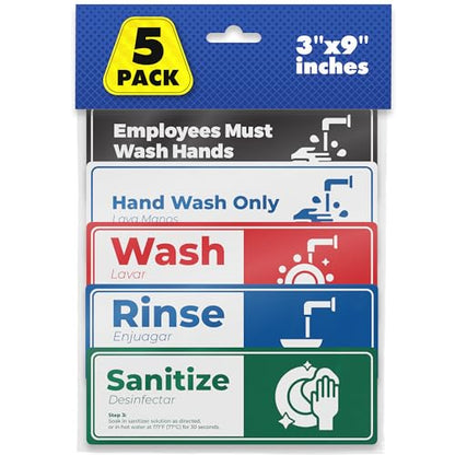 5 Pack Wash Rinse Sanitize Sink Labels - 3"x9", Waterproof Sticker Signs, 3 Compartment Sink Labels - Restaurant Supplies, Food Truck, Dishwashing Wash Station - color: 5 Pack (Set 2)