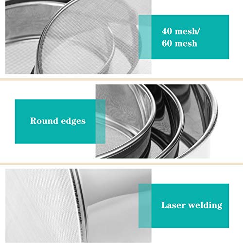 Patelai 3 Pcs Stainless Steel Round Flour Sifter Sieve Fine Mesh for Bake Decorate Cakes, Pies, Pastries, Cupcakes (6 Inch and 8 Inch 60 Mesh,7 Inch 40 Mesh) - size: 6 Inch and 8 Inch 60 Mesh,7 Inch 40 Mesh