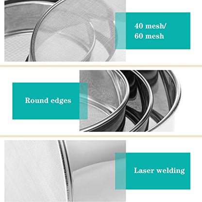 Patelai 3 Pcs Stainless Steel Round Flour Sifter Sieve Fine Mesh for Bake Decorate Cakes, Pies, Pastries, Cupcakes (6 Inch and 8 Inch 60 Mesh,7 Inch 40 Mesh) - size: 6 Inch and 8 Inch 60 Mesh,7 Inch 40 Mesh