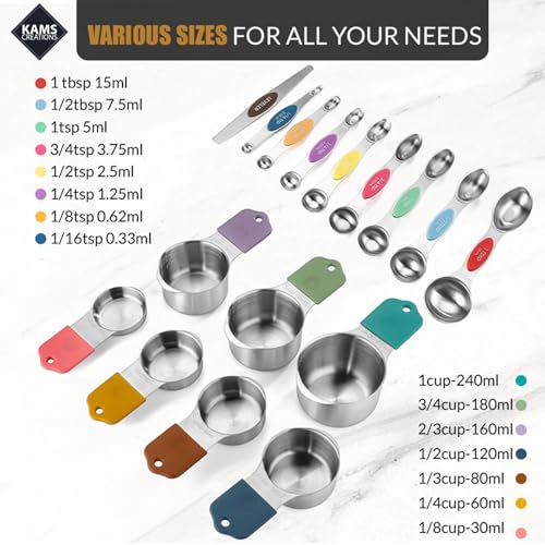 Stainless Steel Magnetic Measuring Spoons Set & Cups 16PCS - Double Sided Measuring Spoons, Stackable Measuring Spoons & Cups with Leveler - Premium Metal Measuring Spoons