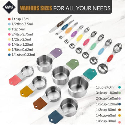 Stainless Steel Magnetic Measuring Spoons Set & Cups 16PCS - Double Sided Measuring Spoons, Stackable Measuring Spoons & Cups with Leveler - Premium Metal Measuring Spoons