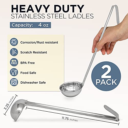 Fit Meal Prep Stainless Steel Soup Ladle - One-Piece Sauce Spatula with Hook Handles, Commercial Grade Serving Spoon, Kitchen Tool for Restaurant or Home Cooking, 13.75” Long - [Pack of 2] 4 Oz - size: 4 oz