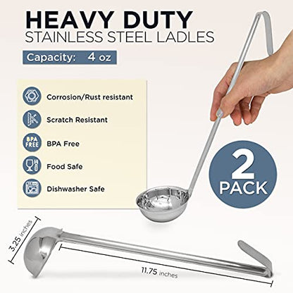 Fit Meal Prep Stainless Steel Soup Ladle - One-Piece Sauce Spatula with Hook Handles, Commercial Grade Serving Spoon, Kitchen Tool for Restaurant or Home Cooking, 13.75” Long - [Pack of 2] 4 Oz - size: 4 oz