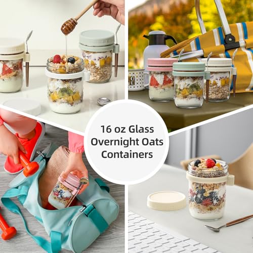 4 Pack Overnight Oats Containers with Lids and Spoons, 16 oz Glass Mason Jars with Airtight Lids, Overnight Oats Jars for Milk, Cereal, Fruit - color: Light Colors