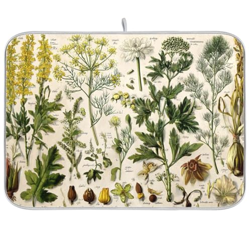 Kcldeci A Sheet Of Antique Botanical Dish Drying Mat Kitchen Drying Pad Dish Draining Mat Dish Rack Drainer Pad 16 x 18 - color: Botanical, size: 16x18in