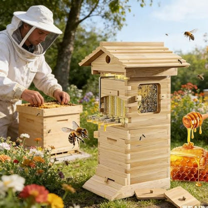 Beehive Starter Kit, Complete Bee Box with Observation Window & Honey Spout,Beekeeping Supplies, Self-Flow Hive Beehive Starter Kit, for Beekeeping Includes Carpenter Bee House