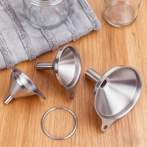 Stainless Steel Funnel Set, 3-Piece Food Grade Kitchen Funnels Large Medium Small, with Cleaning Brushes for Filling Bottles Jars Containers, Cooking Oil Transfer Tools
