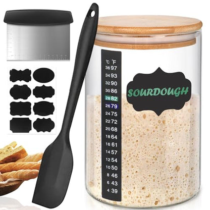 Kmise Sourdough Starter Jar, 34 Oz DIY Pro Glass Sourdough Starter Jar Kit With Thermometer, Silicone Spatula, Blackboard Stickers and Cutter - color: Clear