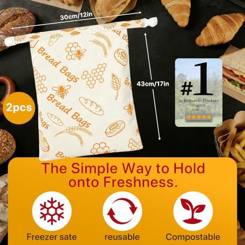 Reusable Beeswax Bread Bags Sourdough - Large Linen Bees Wax Bag for Storage Homemade Loaf - Cotton and Waxed Wrap Lined Container Lined for Sour Dough Fresh Food - Sealable Bread Keeper 2PK Set Gifts