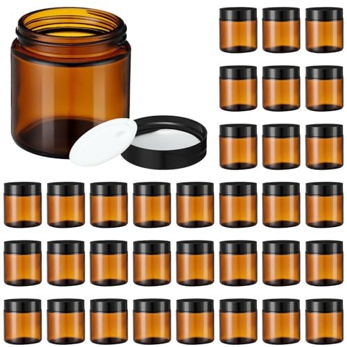 30 Pcs 2 oz Amber Glass Jars with Black Lids Leakproof Round Airtight Jars Empty Cosmetic Jars with Inner Liners Lid for Candle Making Storing Lotions Spice Powder Liquid Sample Makeup (Black,Amber) - color: Amber, size: 2 oz(30 Pcs)