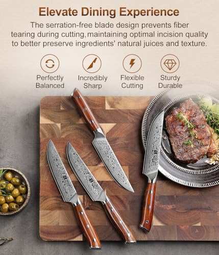 XINZUO 5Pcs Steak Knives Set, Non Serrated Dinner Knives with Drawer Knife Holder,67-layer Damascus Steel Kitchen Knife with Rose Wood Handle, Acacia Wood Knife Block - size: 4.9"