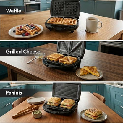 OVENTE 3 in 1 Electric Sandwich Maker, Panini Press Grill and Waffle Iron Set with Removable Non-Stick Plates, Perfect for Cooking Grilled Cheese, Tuna Melts, Burgers, Steaks and Snacks, Black GPI302B - color: GPI302B