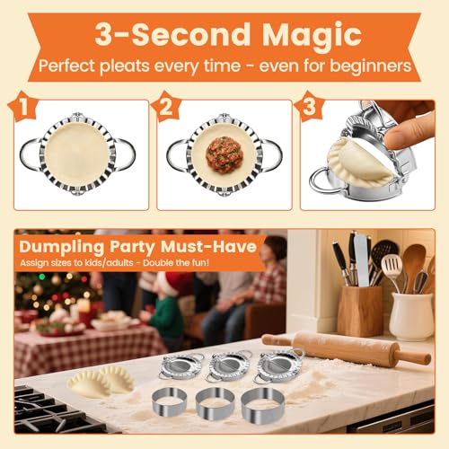 3-in-1 Stainless Steel Dumpling Maker Set - 3 Sizes with Cutters & Scoop | 3", 3.4", 3.8" sizes. Dishwasher-safe. Non-stick, no rust. Asian, empanada, pierogi. - size: small