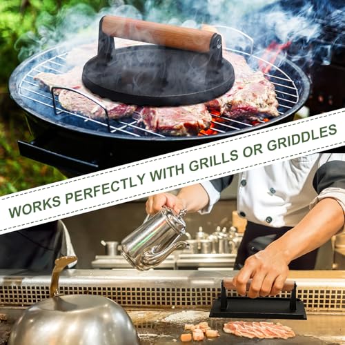 Burger Press, 7" Round & 8.2"X4.3" Rectangle Heavy-Duty Cast Iron Smash Bacon Press Meat Steak With Wood Handle for Griddle, Sandwich, Nonstick Pan - size: Round & Rectangle