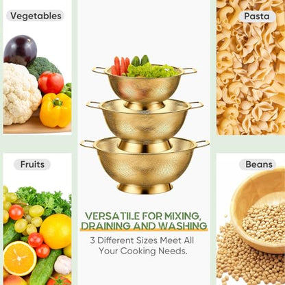 Bokon 3 Pcs Stainless Steel Colander Set Colander Bowl and Sieves 1/3/5 Quart Metal Mesh Strainer Net Basket with Handles Food Spaghetti Strainer for Kitchen Draining Pasta Rinsing(Gold) - color: Gold