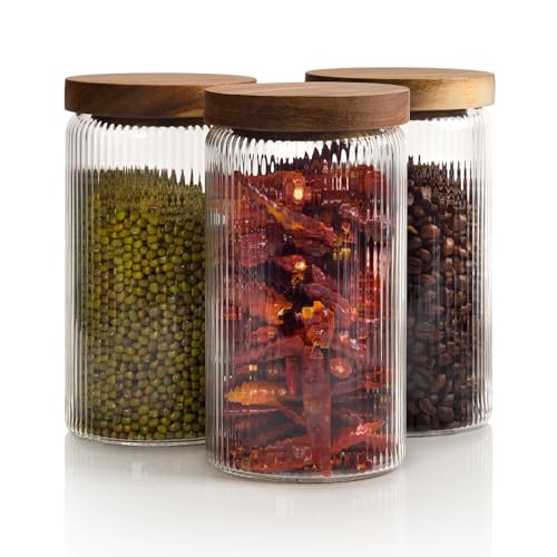 Mason & Fable Ribbed Glass Jars with Wooden Lid 27 fl oz- Set of 3 | Airtight Fluted Storage Container for Pasta, Coffee, Candy, Dog Treats, Snacks | Glass Organization Canisters for Home & Kitchen - color: 27oz-3X