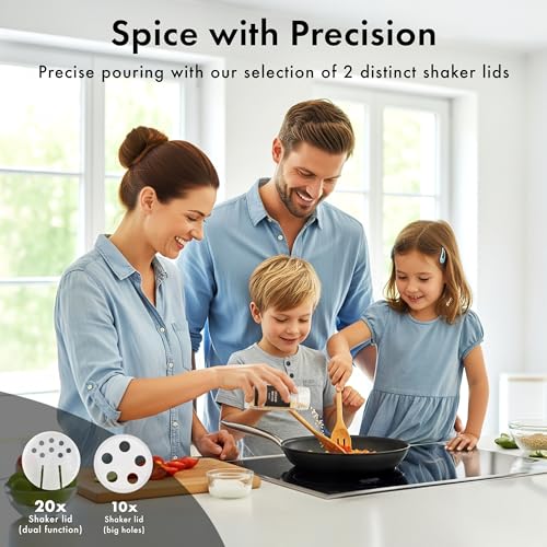 EDELHAUS Glass Spice Jars with Label, Seasoning Set, 24x Black Steel Lids | Airtight Lids keep spices fresh, Kitchen Spice Drawer Organizer, 4oz Seasoning Containers incl. Funnel, Brush & 240 Labels - color: Black Stainless Steel Lid