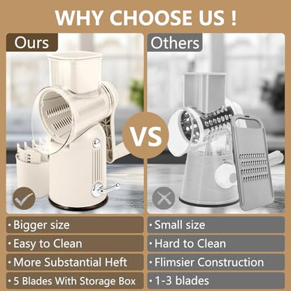 Rotary Cheese Grater with Handle: 5-in-1 Cheese Grater Hand Crank, Strong Suction Base for Fruit Vegetables Nuts with Blade Storage Box (White) - color: White
