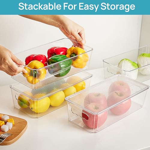 Vtopmart 4pcs Clear Organizers and Storage Bins with Lids, Stackable Plastic Storage Containers with Handles for Fridge, Freezer, Pantry, Cabinet, Kitchen Organization - size: With Lid