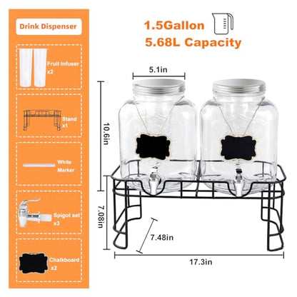 1.5 Gallon Glass Drink Dispensers For Parties-Set of 2,Drink Dispenser with Fruit Infuser & Stand,Juice or Beverage Dispenser for BBQ, Picnic, Party,Water Dispenser Laundry Detergent Dispenser - size: 1.5 Gallon Double With Stand