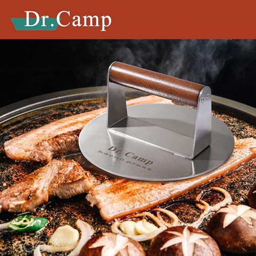 Dr.Camp 7 Inch Stainless Steel Smash Burger Press Burger Smasher Bacon Press Meat Press for Griddle Flat Top Grill with Solid Wood Handle Smooth Bottom Heavy Duty (Round) - style: Round