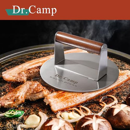 Dr.Camp 7 Inch Stainless Steel Smash Burger Press Burger Smasher Bacon Press Meat Press for Griddle Flat Top Grill with Solid Wood Handle Smooth Bottom Heavy Duty (Round) - style: Round