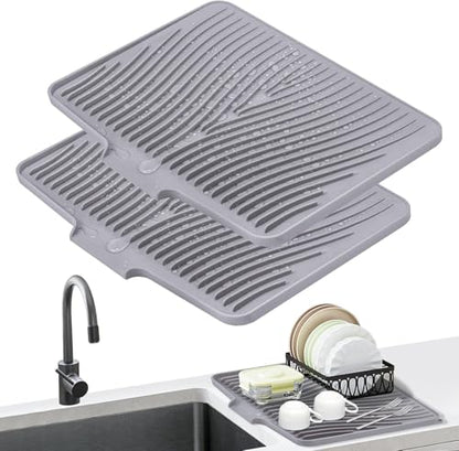 Silicone Dish Drying Mat for Kitchen counter, 19.7"x17" 2Pcs Extra Large Non-Slip Drain Pad with Built-in Drainage, Heat Resistant Dishwasher Safe, Grey - color: Grey-2pcs, size: 19.7" x 17"
