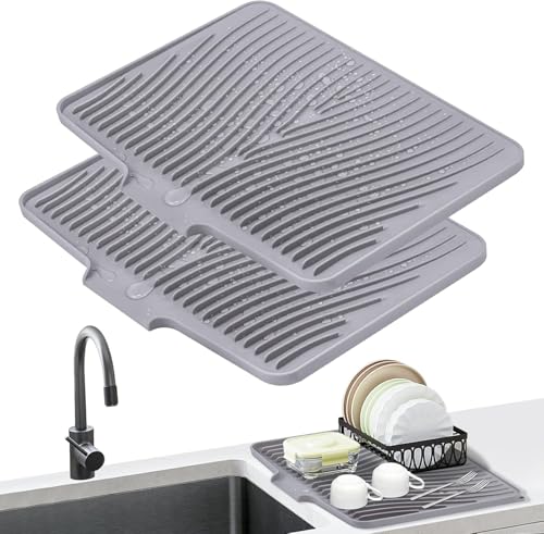 Silicone Dish Drying Mat for Kitchen counter, 19.7"x17" 2Pcs Extra Large Non-Slip Drain Pad with Built-in Drainage, Heat Resistant Dishwasher Safe, Grey - color: Grey-2pcs, size: 19.7" x 17"