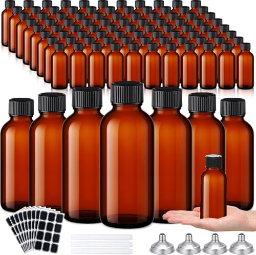 Hsei 100 Pcs Amber Glass Boston Round Bottles with Black Cap Brown Sample Bottle Small Glass Containers with Lids and Funnel Chalk Labels Pen for Vanilla Extract Essential Oils (3.4 oz) - size: 3.4 oz