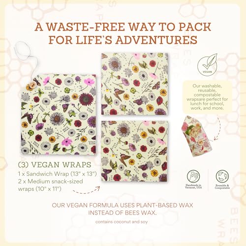 Bee's Wrap Vegan Beeswax Wraps for Food - 3 Pack of Assorted Beeswax Wraps - 2 Medium & Sandwich Wrap - Plastic Free Made in USA Reusable Natural Food Wrap - Meadow Magic - style: Lunch Pack Vegan Meadow Magic