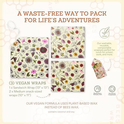 Bee's Wrap Vegan Beeswax Wraps for Food - 3 Pack of Assorted Beeswax Wraps - 2 Medium & Sandwich Wrap - Plastic Free Made in USA Reusable Natural Food Wrap - Meadow Magic - style: Lunch Pack Vegan Meadow Magic