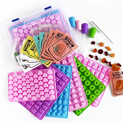 Gummy Bear Molds Silicone 32PCS, Non-stick Chocolate Candy Mold 18 Shapes for 327 Candies, With 4 Droppers, Clean Brush, Storage Box, 20 Wrappers, Including Dinosaur Mini Donut Fruit Animals Shaped - style: Gummy Set - 32PCS