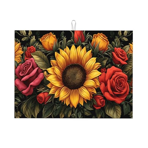 Sunflower Rose Floral Large Dish Drying Mat For Kitchen Counter 18x24 Inch, Super Absorbent Microfiber Reversible Drainer Pad With Hanging Loop, Quick Dry Mat For Coffee Bar, Pots - color: Sunflower Rose Floral 1