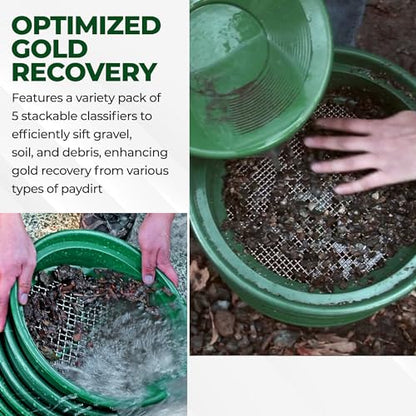 SE 13.25 Inch Wide Stackable Classifier Gold Prospecting Pan Set - Includes 1/2" 1/4" 1/8" 1/12" and 1/20" Stainless Steel Mesh Sifting Pans, Green, 5 Pack - size: 5 Pieces, style: Pans