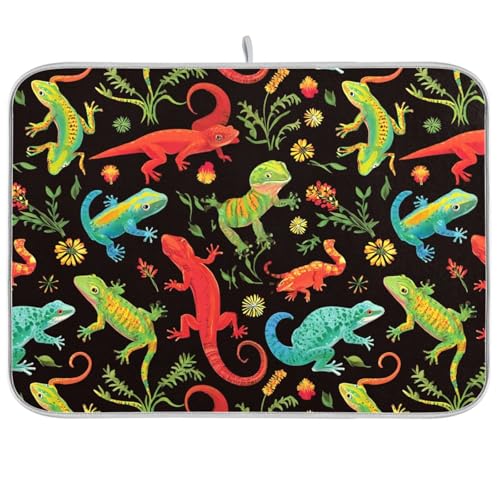 Dish Drying Mat for Kitchen Counter Cute Lizard Frog Gecko Absorbent Drying Dish Mat 16×18 inch Dish Rack Pad Coffee Mat for Sink Dishes Under Rack - color: multicolored.21, size: 16x18in