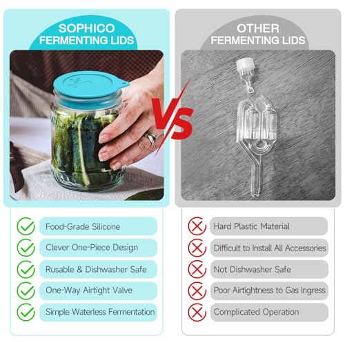 Sophico Silicone Fermenting Lids, Waterless Airlock Fermentation Tops Mason Jar Lid Fermenter Caps for Pickles, Kimchi, and Fermented Probiotic Food - 8 Pack, Wide Mouth (Jars Not Included) - color: MIX-8PACK-WIDE MOUTH