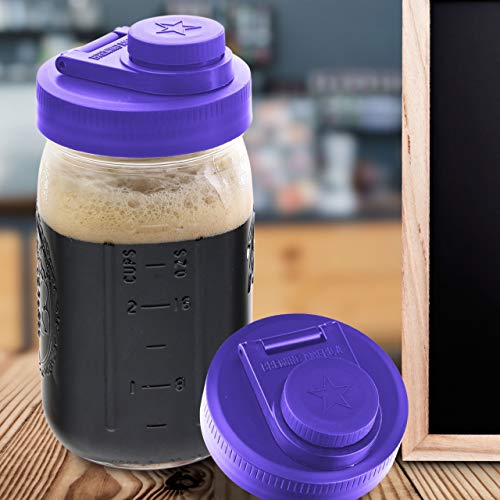 Brewing America Glass Mason Jar Pitcher with Lid - Azure Jar, 1 Quart (32 oz) with Purple Wide Mouth Pour Lid, for Smoothie, Boba, Sun Tea, Cold Coffee Glass Tumbler Cup, 1-Pack - color: Violet Purple