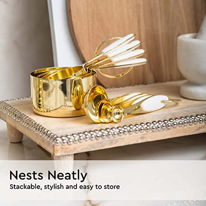 White and Gold Measuring Cups and Spoons Set – 8-Piece Stackable Stainless Steel Measuring Set – Stylish Gold Kitchen Accessories for Precise Baking and Cooking, Ideal Gift for Bakers and Chefs - color: White