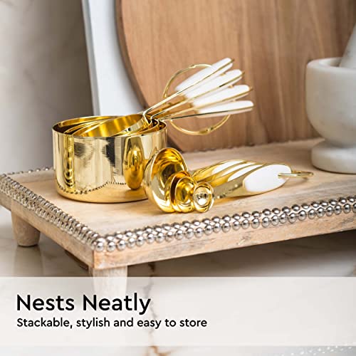 White and Gold Measuring Cups and Spoons Set – 8-Piece Stackable Stainless Steel Measuring Set – Stylish Gold Kitchen Accessories for Precise Baking and Cooking, Ideal Gift for Bakers and Chefs - color: White