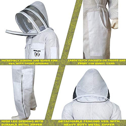 Brutul Bee 3 Layer Beekeeping Ultralight Ventilated Suit with Fencing Veil - color: White, size: X-Large