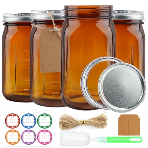 CARBLIN 4 Pack Mason Jars 32 oz, Amber Wide Mouth Canning Jars with Airtight Lids, Glass Pint Jars with Bands Labels Brush, Large Storage Quart Jars for Jam Fermenting Preserving - color: Amber