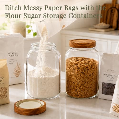 CONNOO 2PCS Flour Sugar Storage Containers Large Glass Food Storage Jars with Airtight Acacia Wood Lids Including 120 Labels Easy-Scooping Design for Flour Sugar Rice and Dry Foods (1 Gallon 135 oz) - color: cylindrical/135oz/2pcs