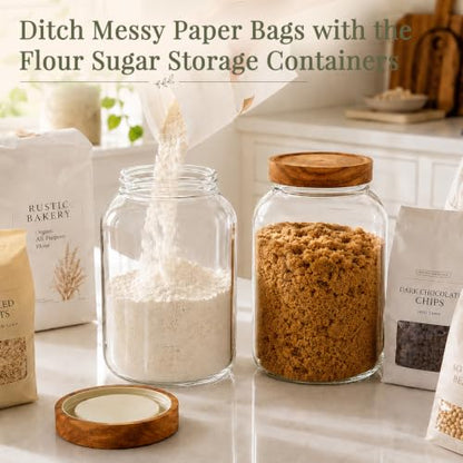 CONNOO 2PCS Flour Sugar Storage Containers Large Glass Food Storage Jars with Airtight Acacia Wood Lids Including 120 Labels Easy-Scooping Design for Flour Sugar Rice and Dry Foods (1 Gallon 135 oz) - color: cylindrical/135oz/2pcs