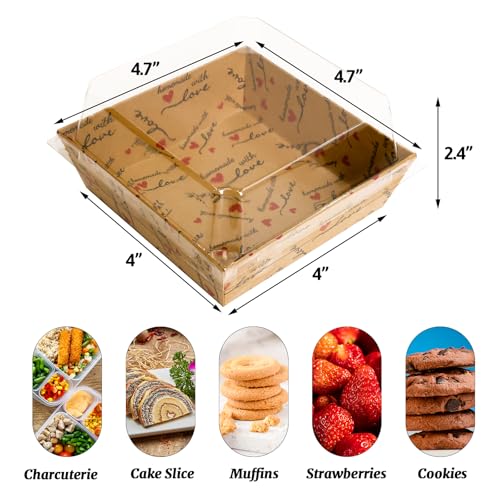 Fancy Land Small Charcuterie Boxes with Clear Lids Thank You, Kraft, 50 Pcs | Homemade With Love Treat, Disposable Paper, Heart Design,Summer Camping To Go Box