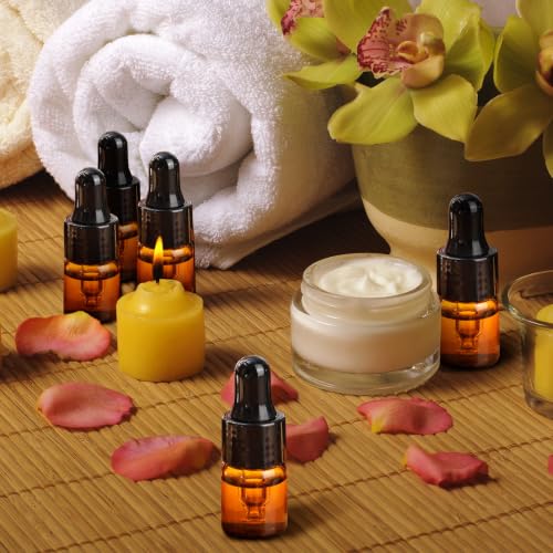Nuogo 100 Pcs Mini Amber Glass Oil Dropper Bottle Bulk, Clear Essential Small Empty Sample Vial with Dropper and Black Caps Tiny Amber Glass Bottles Perfume Jars for Travel(2 ml) - size: 2 ml