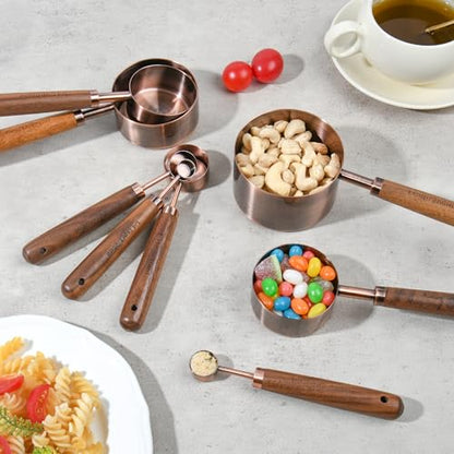 Copper Measuring Cups & Spoons Set 8, Stainless Steel Measuring Cups and Spoons Set for Baking and Kitchen, Metric & US Metal Measure Cup & Spoon with Wood Handle for Dry & Liquid - color: Copper