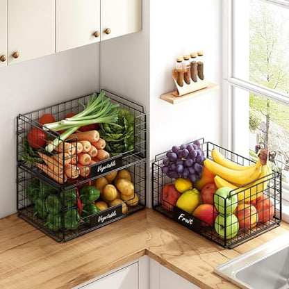 JKsmart 3 Pack XXL Stackable Wire Baskets with Handles for Pantry Storage and Organization, Fruit and Vegetable Basket with Name Plates, Metal Storage Bins for Snack Can Fruit Veggies, XXL - size: XXL-16.34"x12.01"x23.61"