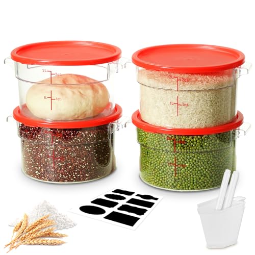 2QT NSF Round Food Storage Containers with Lids: 4 PCS [Total Food Grade][Hot&Cold Resistant] Dough Proofing Container for Pizza, Bread with Measuring Spoons Included(BPA FREE) (RED) - color: K1-RED-2L-4PCS-ROUND