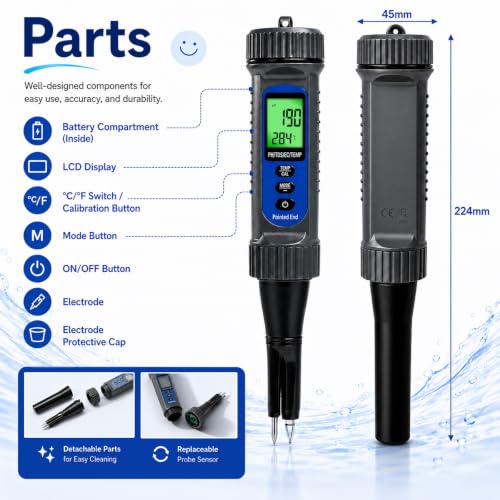4-in-1 Digital pH Meter for Food – Professional pH/EC/TDS/Temp Tester with Probe for Sourdough, Cheese, Meat & Liquid – High Precision, ATC & Backlit LCD